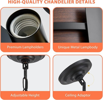 Modern Farmhouse Chandelier 26" Industrial Drum Pendant Lighting Fixture 5-Light Black Walnut Grain Finish for Dining Room Kitchen Island Office Living Room