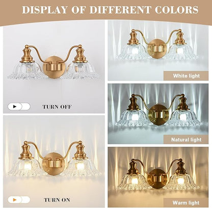 Gold Bathroom Light Fixtures Over Mirror, 2 Light Vintage Bathroom Vanity Light Fixture with Clear Flower Glass Shades, Retro Brass Vanity Lights for Bathroom, Bathroom Vanity Lights Over Mirror