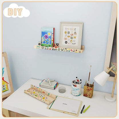 Fun Memories Picture Ledge Shelf for Wall, 16 inch Pine Wood Nursery Book Shelves Set of 4- Wall Book Shelves for Kids Room, Home Decor - Kitchen Spice-Natural