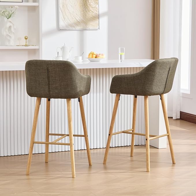 Modern Stools Set of 2, Kitchen Island Tall Chairs with Back, Arm, Footrest and Solid Wood Leg, Linen Fabric Upholstered Stools - Green
