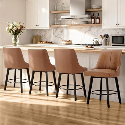 24" Counter Height Bar Stools Set of 2, Swivel Bar Stools with Backs, Faux Leather Upholstered Counter Barstools with Solid Wood Legs for Kitchen Island,Brown