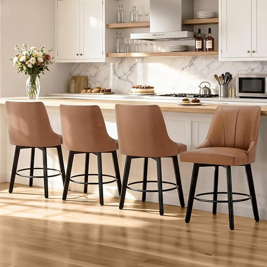 24" Counter Height Bar Stools Set of 4, Swivel Bar Stools with Backs, Faux Leather Upholstered Counter Barstools with Solid Wood Legs for Kitchen Island,Brown