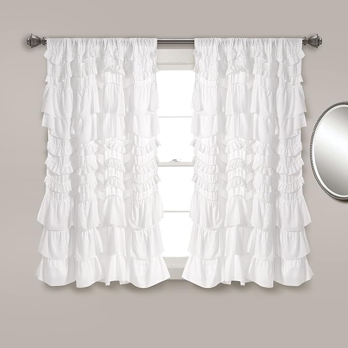 Lush Decor Kemmy Light Filtering Window Curtain Panel Single 52" W x 63" L White - Drapes - Ruffled Curtains for Bedroom - White Curtains - Coquette Decor