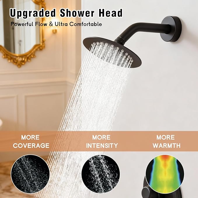 Matte Black Shower Faucet Set with 6 Inch Rainfall Showerhead, Shower Valve Kit for Bathroom Stainless Steel Black Showerhead and Handle Set