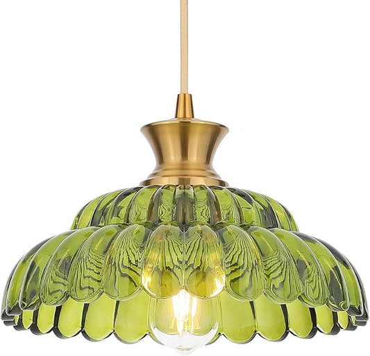 Green Glass Pendant Lights, 11.8" Vintage Lighting Glass Light Fixtures Brushed Gold Modern Hanging Ceiling for Kitchen Island Dining Room Restaurant Foyer Entryway