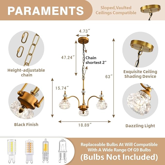 WJShome Vintage Pendant Light Fixture, 3 Lights Gold Glass Pendant Lighting Matte Brushed Antique Brass Finish with Crystal Glass Shade, for Dining Room, Kitchen Island, Bedroom, Living Room, Foyer
