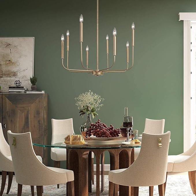 Antique Gold Chandelier, Modern Dining Room Lighting Fixture, 8-Light Candle Style Hanging Chandelier for Living Room, Bedroom, Kitchen Island, Foyer, Dia 27”