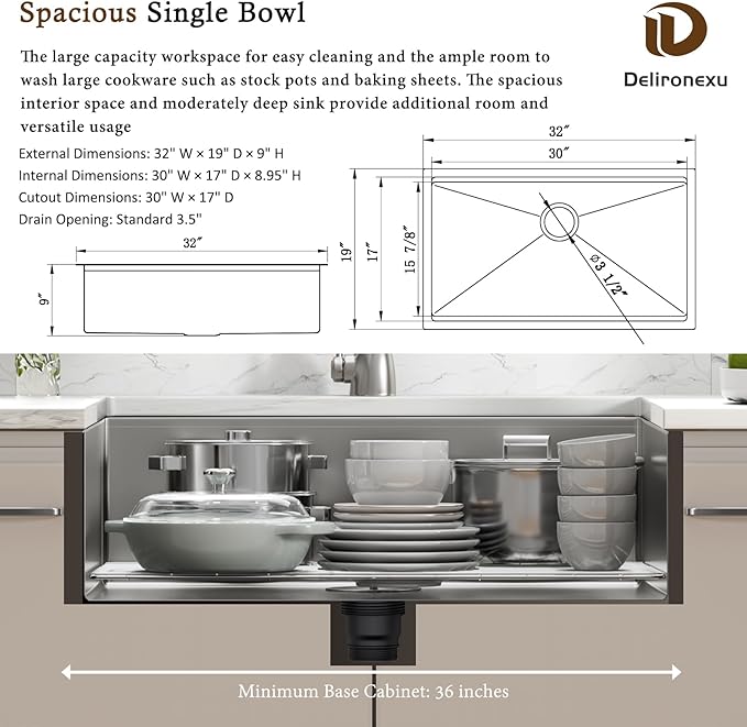 32x19 Undermount Kitchen Sink, Delironexu 32 Inch Kitchen Sink Workstation, 16 Gauge 304 Stainless Steel Undermount Kitchen Sink Single Bowl with Accessories