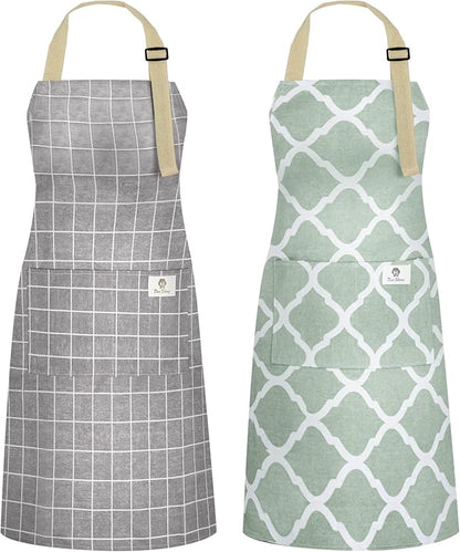 NLUS 2 Pack Kitchen Cooking Aprons, Adjustable Bib Waterproof Chef Apron with 2 Pockets for Men Women(Green Plaid/Grey Plaid)