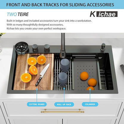 Kichae 33 Black Kitchen Sink Drop In Waterfall - 33x19 Drop Sink Stainless Steel 16G Single Bowl Waterfall Kitchen Sinks Workstation Handmade with Faucet & Glass Rinser