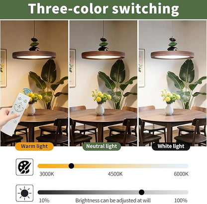 Mikeru Modern Pendant Lights, 15.8" Wood Grain Finish Pendant Lighting Fixture with Remote Control Dimmable 3 Color Mode & Brightness Mid Century Island Light Fixture for Dining Room,Living Room