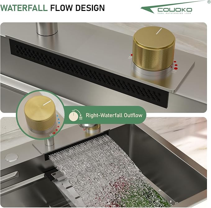 33 Inch Drop In Waterfall Kitchen Sink Workstation Smart 16 Gauge Stainless Steel Single Bowl Waterfall Sinks with Waterfall Faucet Combo and Cup Washer Set