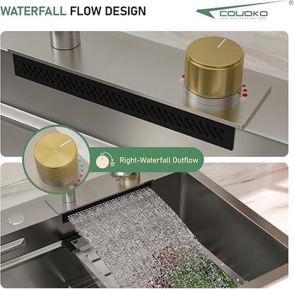 33 Inch Drop In Waterfall Kitchen Sink Workstation Smart 16 Gauge Stainless Steel Single Bowl Waterfall Sinks with Waterfall Faucet Combo and Cup Washer Set