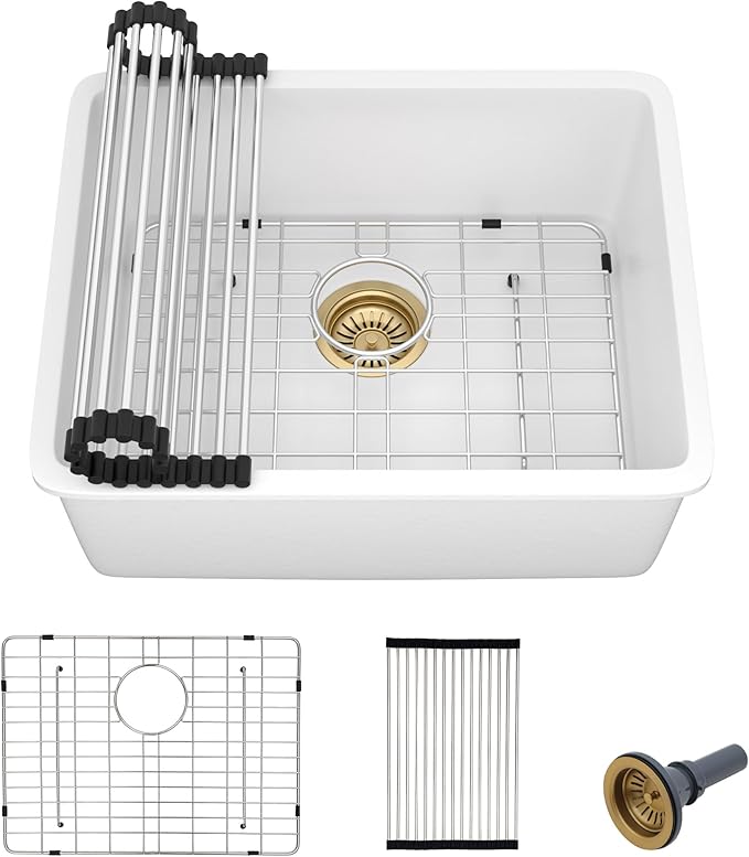 21"x17" Undermount Bar Prep Sink – White Granite Composite Quartz Classic Under Counter Single Bowl Sink Basin for Wet Bar, RV, Small Kitchen