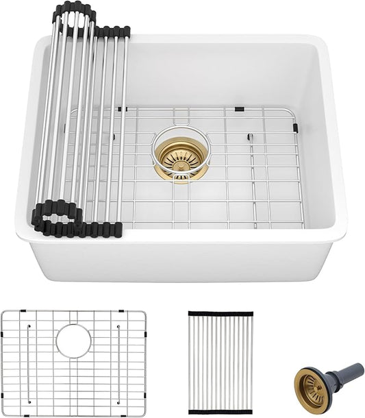 21"x17" Undermount Bar Prep Sink – White Granite Composite Quartz Classic Under Counter Single Bowl Sink Basin for Wet Bar, RV, Small Kitchen