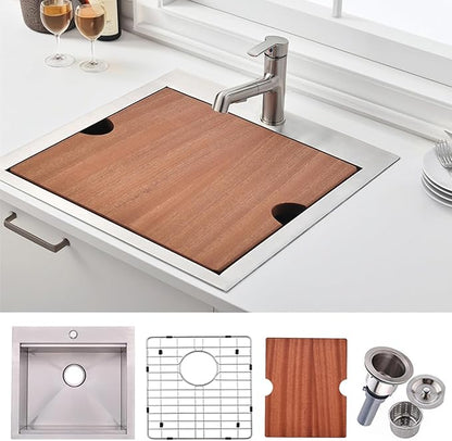 KINGO HOME Drop in Bar Sink,20 x 21 Inch Single Bowl Small Kitchen Sinks,304 Stainless Steel Topmount Wet Bar Prep Sink With Grid&Drainer&Cutting Board