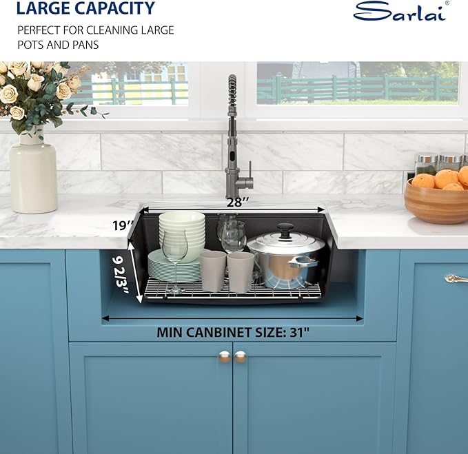 Sarlai Granite Composite Kitchen Sink - 28 Inch Black Undermount Kitchen Sink Ledge Workstation 28 x 19 Inch Matte Black Granite Quartz Composite Under-Mount Single Bowl Sinks Basin