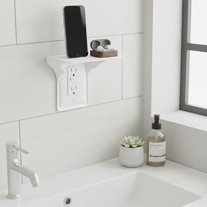Power Perch Wall Outlet Shelf with Cord Storage Strap - Declutter & Reclaim Bathroom Counter Space - Alexa Stand, Apple Homepod Shelf, Toothbrush Holders Wall Mounted - White, 2-Pack