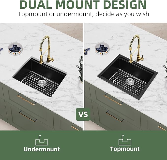 Davivy 22 Inch Black Granite Composite Kitchen Sink Workstation, 22 x 18 Black Undermount/Drop In Kitchen Sink, Deep Quartz Single Bowl with Accessories