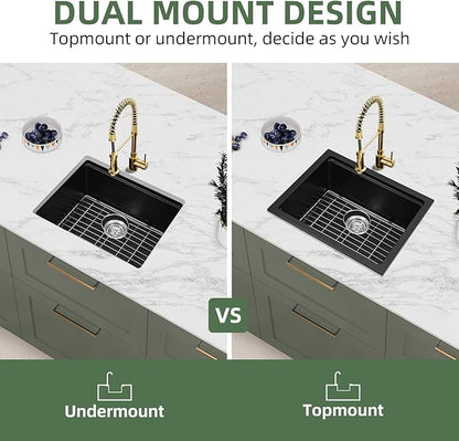 Davivy 22 Inch Black Granite Composite Kitchen Sink Workstation, 22 x 18 Black Undermount/Drop In Kitchen Sink, Deep Quartz Single Bowl with Accessories