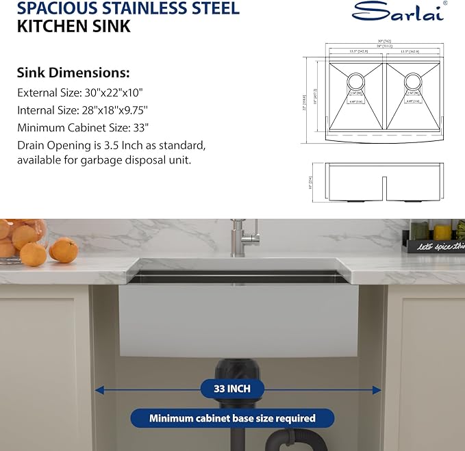 Sarlai 30 Kitchen Farm Sink Double Bowl Stainless Steel - 30 x 22 inch Kitchen Sink Apron Front Ledge Workstation 50/50 Double Basin 16 Gauge Stainless Steel Low Divided Kitchen Farm Sinks