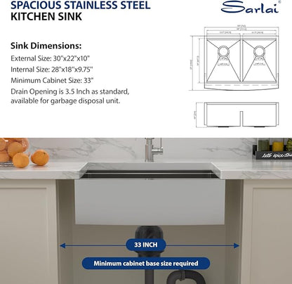 Sarlai 30 Kitchen Farm Sink Double Bowl Stainless Steel - 30 x 22 inch Kitchen Sink Apron Front Ledge Workstation 50/50 Double Basin 16 Gauge Stainless Steel Low Divided Kitchen Farm Sinks