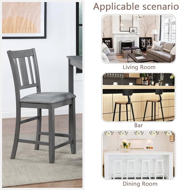 Set of 4 Dining Chairs, Wooden Kitchen Chairs with Padded Cushion, Upholstered Stools for Kitchen Island, Dining Room, Living Room, Easy Assembly (Gray - Slatted backrest)