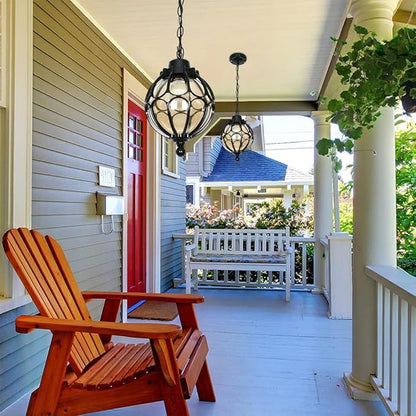 Outdoor Pendant Light Fixtures for Porch, Waterproof Exterior Lantern Glass Vintage Hanging Ceiling Light Retro Aluminum Outside Chandelier for Porch Patio Entryway Farmhouse (18cm/7",Black)