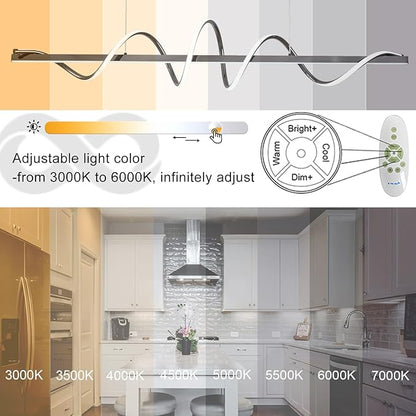 Modern Led Pendant Light for Kitchen Island Lighting 47.24" Black Modern Chandelier Dining Room Lighting Fixture Over Table Dimmable Ceiling Pendant Lights Creative Snake-Shaped Twist Design