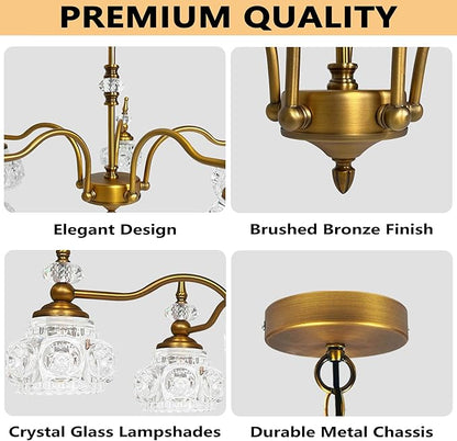Montex Brass Pendant Light Fixture, Gold Vintage Chandelier Light Fixture 5 Lights, Include 6 Light Bulbs Glass Pendant Light Crystal Hanging Light
