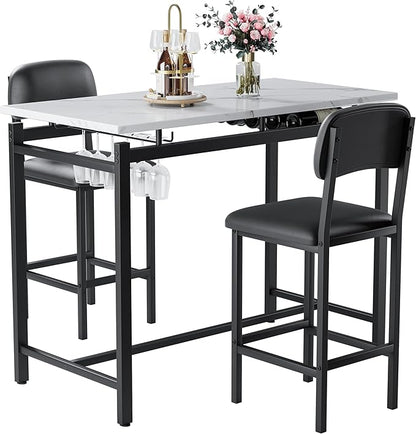 Modern Bar Height Table and Chairs Set - Compact Bar Table and Chairs for 2, Perfect as Small Kitchen Table, Kitchen Island with Seating, or Dining Table with Chairs (Black)
