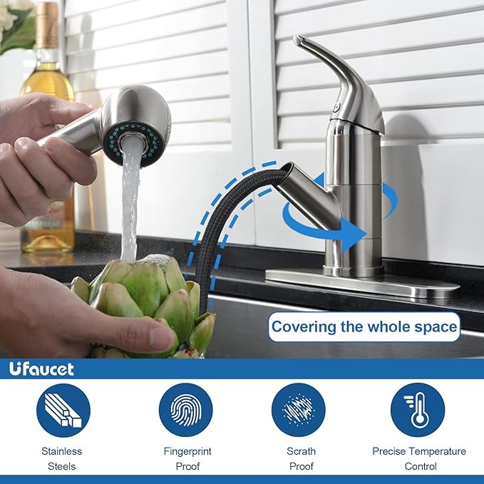 Kitchen Faucet with Pull Out Sprayer, Low Profile Stainless Steel Single Handle Brushed Nikcel Utility Laundry Sink Faucet 1 or 3 Hole Grifo De Cocina