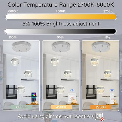 Modern Crystal Pendant Lighting Silver Globe Pendant Light Fixture, Mid Century Chandelier 3-Light Hanging Fixture for Kitchen Island,Globe Chandeliers for Dinning Room Bedroom