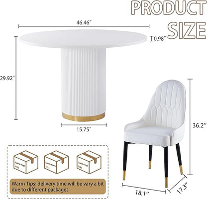 Round Dining Table Set for 6, 46.46" Modern Farmhouse Dining Table and 4 Leather Dining Chair, Circle Kitchen Tables with Wood & Gold Stainless Steel Base for Living Room, Kitchen,White