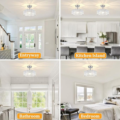 TOULMJ Crystal Semi Flush Mount Ceiling Light, 3-Light Modern Close to Ceiling Light Fixtures, Chrome Hallway Light Fixtures Flush Mount Chandelier for Entryway Kitchen Bedroom Bathroom Laundry Room