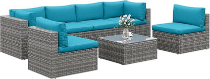 Wisteria Lane 7 Pieces Outdoor Patio Furniture Set, Wicker Outdoor Patio Sectional Sofas with Coffee Table, All-Weather Patio Conversation Set for Garden Backyard, Light Blue