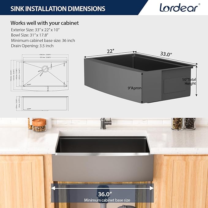 Lordear 33 Black Kitchen Sink 33 x 22 Apron Front Farmhouse Sink Gunmetal Black Stainless Steel 16 Gauge Single Bowl Ledge Workstation Farm Sink Basin, 9" Apron Height