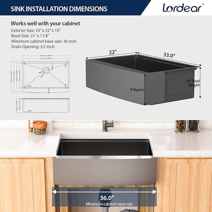 Lordear 33 Black Kitchen Sink 33 x 22 Apron Front Farmhouse Sink Gunmetal Black Stainless Steel 16 Gauge Single Bowl Ledge Workstation Farm Sink Basin, 9" Apron Height
