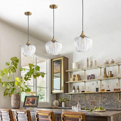 Clear Glass Pendant Lights Kitchen Island, 9" Round Lampshade Vintage Hanging Lamp Ceiling Lighting Fixtures, Gold Modern Chandelier for Dining Room Restaurant Bedroom Foyer Entryway
