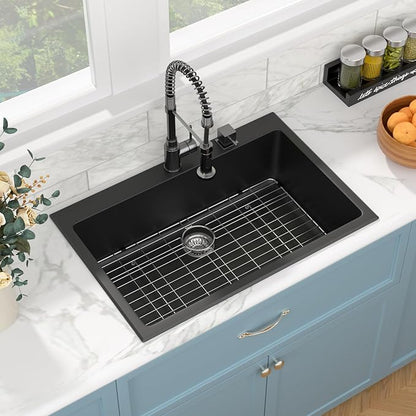 Sarlai 33 Granite Composite Kitchen Sink - 33"×22" Granite Kitchen Sink Drop In Topmount Matte Black Quartz Classic Above Counter Single Bowl Basin