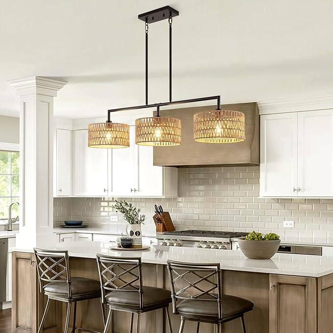 47" Hand Woven Rattan Chandeliers for Dining Room, 3-light Boho Linear Chandeliers Large Farmhouse Kitchen Island Lighting, Black Finish Pendant Light Fixtures Over Table, Bar, Living Room,E26