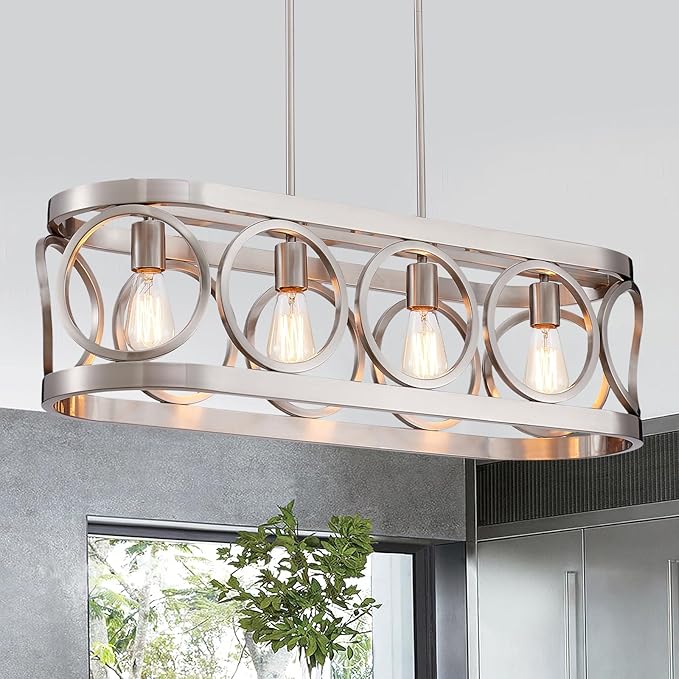 XINGQI Kitchen Island Chandelier for Dining Room Modern Farmhouse Brushed Nickel Rectangle Pendant Lighting Fixture Vintage Linear Hanging 4-Light Rustic Living Room Lights