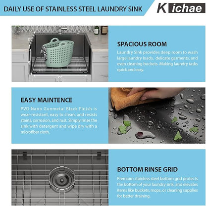 Kichae 25 Inch Black Laundry Sink - 25x22 Kitchen Sink Drop In Utility Sink 12" Deep Sink Topmount Single Bowl Stainless Steel RV Laundry Sinks Handmade with Accessories