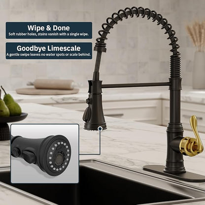BWE Black and Gold Kitchen Faucet with Pull Down Sprayer Single Handle High Arc Spring Commercial 3 Functions Kitchen Sink Faucet Solid Brass with 10" Deck Plate for Sink 1 or 3 Holes