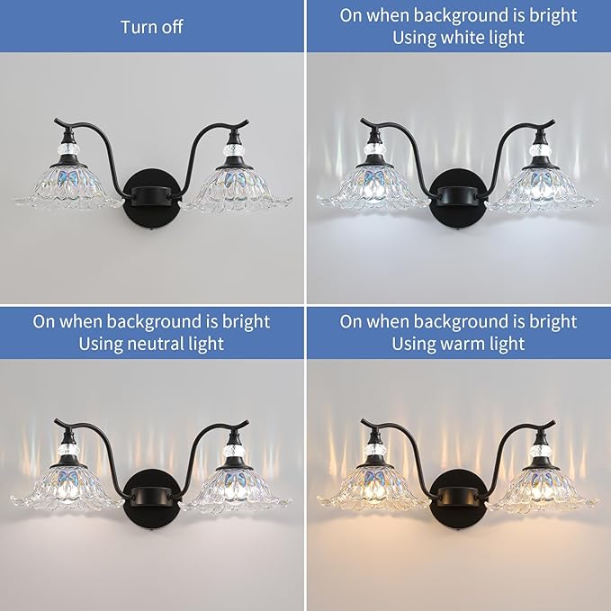 Vintage Bathroom Vanity Light Fixtures - 2 Light Iridescent Flower Glass Antique Matte Black Bathroom Light Fixture Over Mirror,Retro High End Wall-Mounted Vanity Lighting for Bath Powder Room