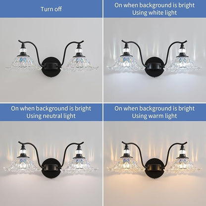 Vintage Bathroom Vanity Light Fixtures - 2 Light Iridescent Flower Glass Antique Matte Black Bathroom Light Fixture Over Mirror,Retro High End Wall-Mounted Vanity Lighting for Bath Powder Room