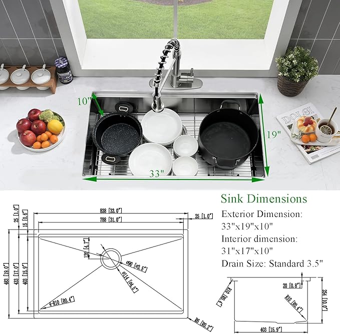 33 Inch Undermount Kitchen Sink, 33×19 Stainless Steel Undermount Kitchen Sink Ledge Workstation 16 Gauge Handmade Deep Single Bowl Kitchen Sinks with Cutting Board