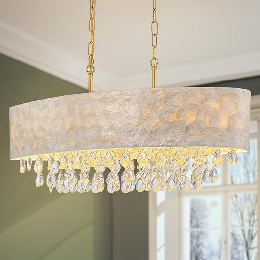 LumFurn 6-Light Oval Capiz Shell Crystal Linear Chandeliers, Coastal Design Light Fixture for Dining Room, Kitchen Island, L32xW12xH19~65 Inch(Adjustable), Shell Lampshade & Brass Finish