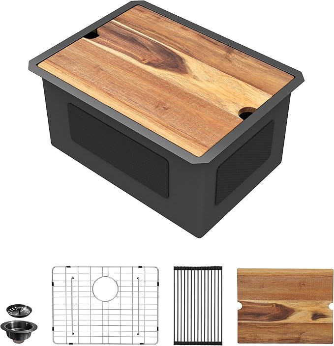 24"x18" Undermount Laundry Utility Sink Workstation – Gunmetal Black NANO-PVD, 16 Gauge 304 Stainless Steel, 12 Inch Deep Single Bowl Sink Basin for Laundry Room, RV or Utility Use