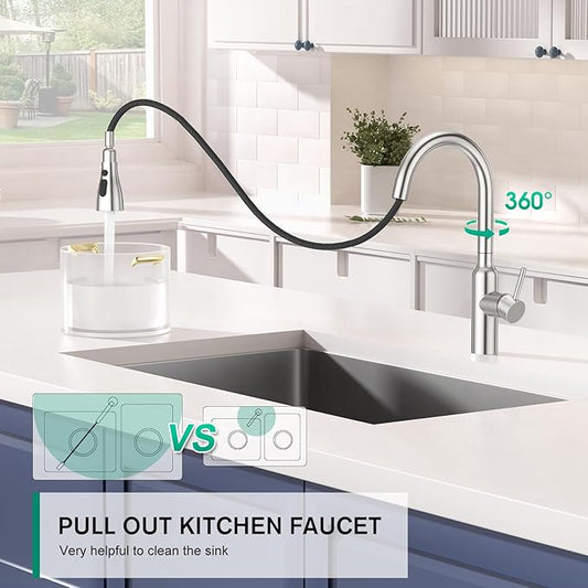 CREA Brushed Nickel Kitchen Faucets with Pull Down Sprayer, Faucets for Kitchen Sink, Small High Arc RV Stainless Steel Single Handle Pull Out Kitchen Sink Faucets, Brushed